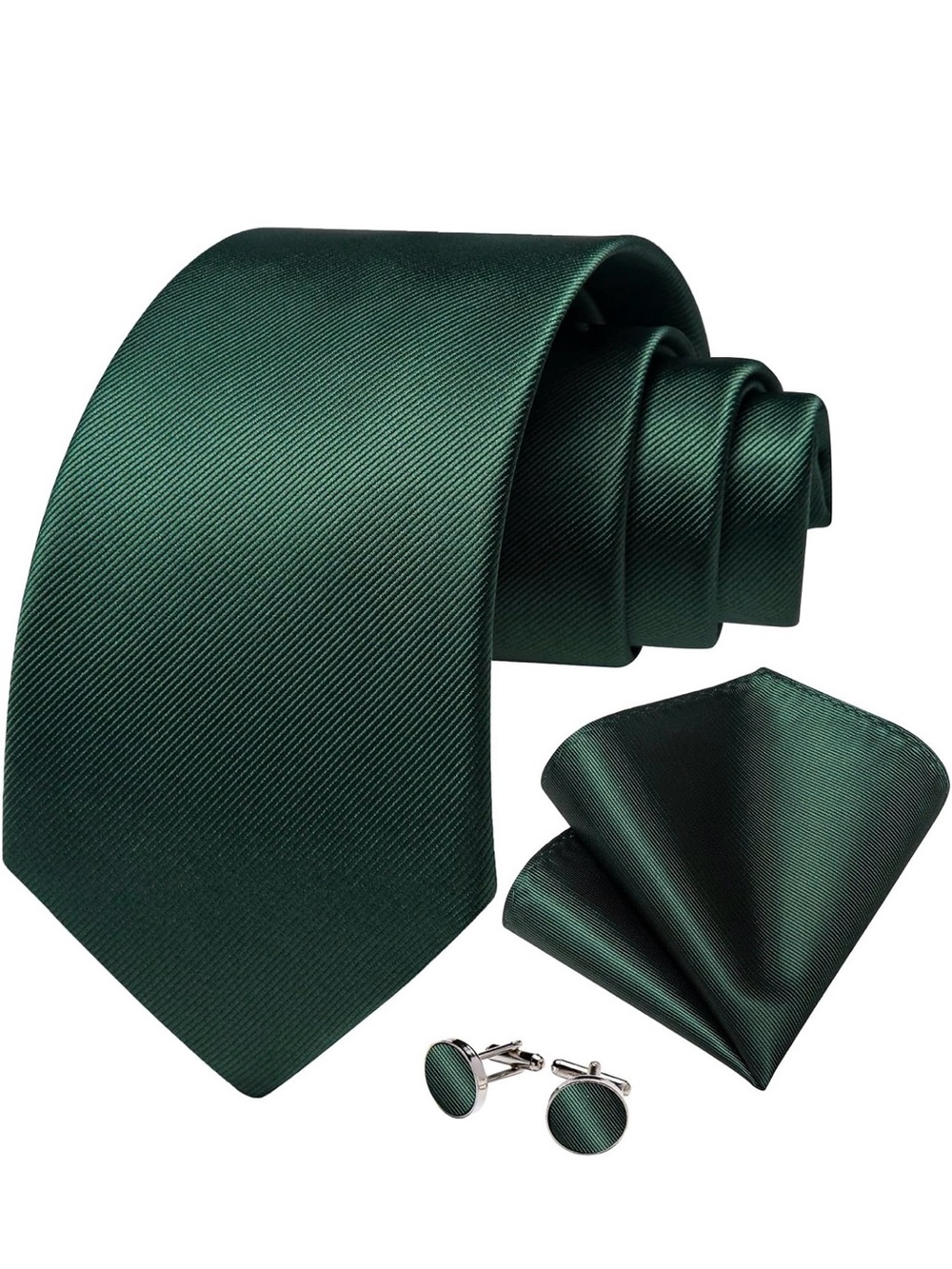 Men's Solid Emerald Green Tie Set with Pocket Square & Cufflinks